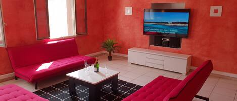 TV, video games, video library, stereo