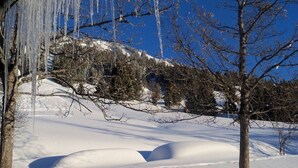 Een besneeuwd landschap met ijspegels die aan een dak hangen, bomen en een strakblauwe lucht.