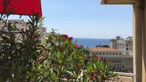Un balcon agrémenté de plantes rouges, avec vue sur la mer et les bâtiments.