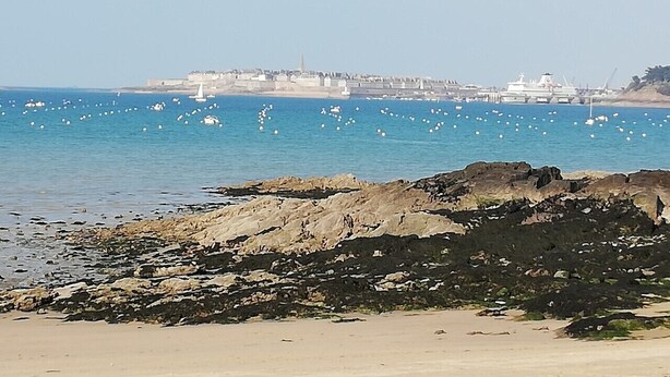 A coastal scene with rocky shoreline, calm sea, and distant buildings. - very nice studio DINARD / LA RICHARDAIS 5 minutes from the beach (LA RICHARDAIS)