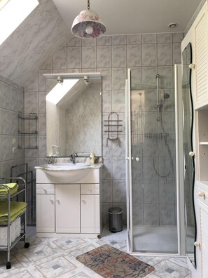 Hair dryer, towels, toilet paper