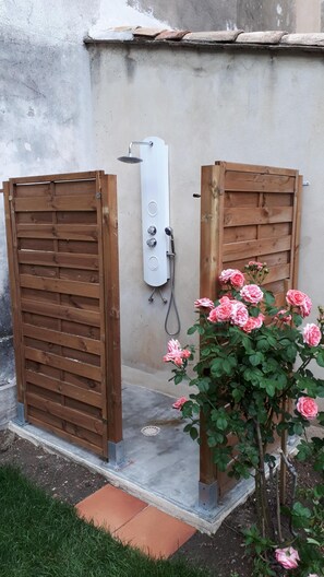 A wooden gate with a white electrical box attached to a wall, and a rose bush in the foreground.