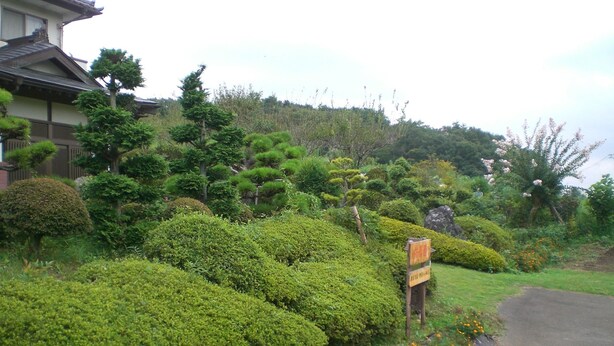 Un edificio de estilo japonés tradicional con un jardín cuidado que presenta diversos tipos de arbustos y un pequeño sendero.