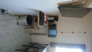 Fridge, microwave, coffee/tea maker, electric kettle