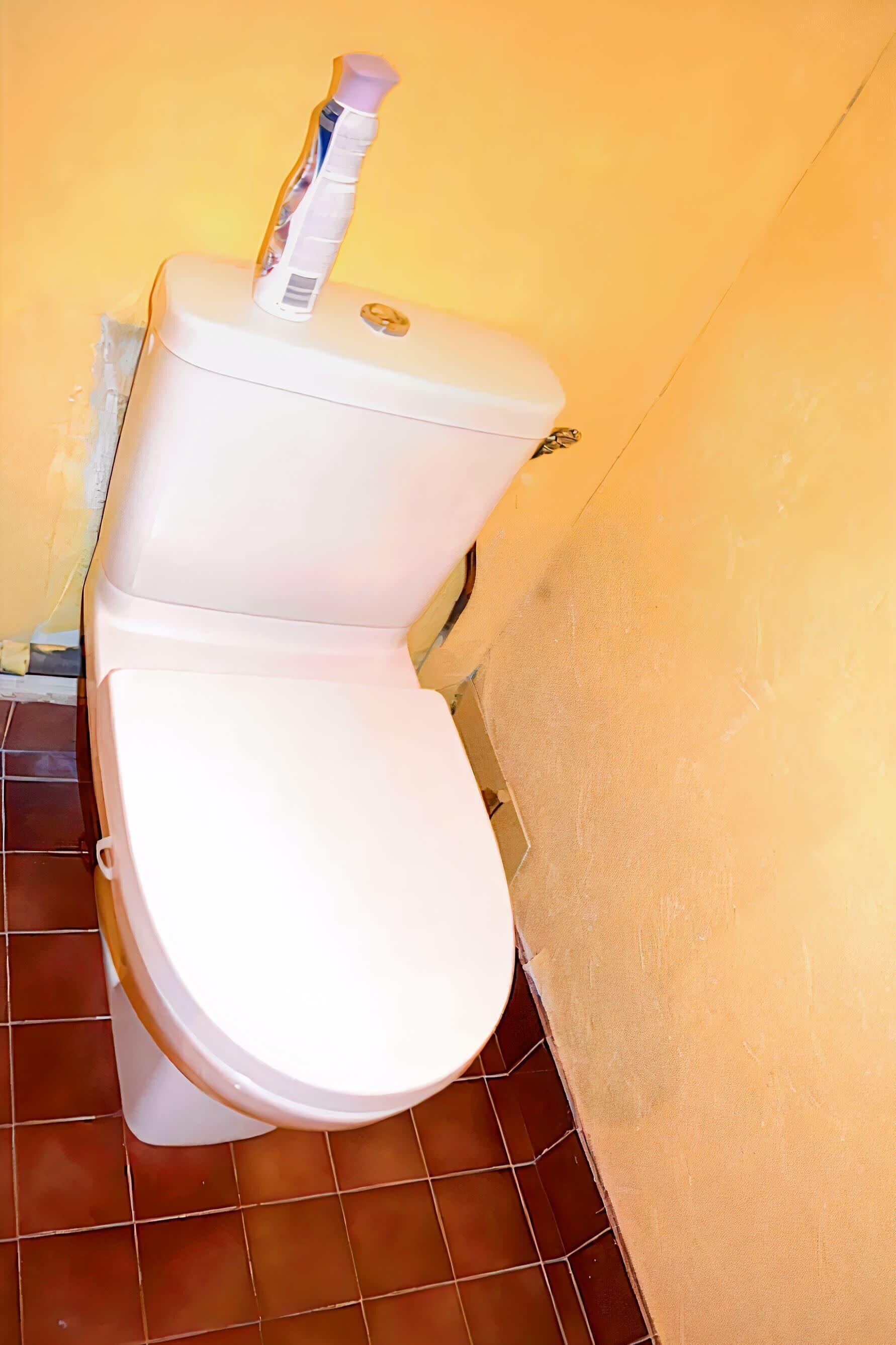 A toilet with a white seat and lid, a roll of toilet paper on top, and brown tiled flooring.