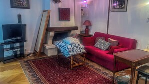 A living room with a red sofa, a TV on a stand, a fireplace, and a patterned rug. - Superb apartment in the Marais (Paris)