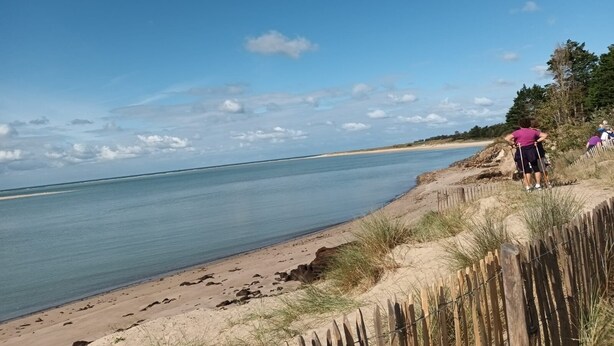 Une plage avec une clôture en bois et un ciel dégagé.