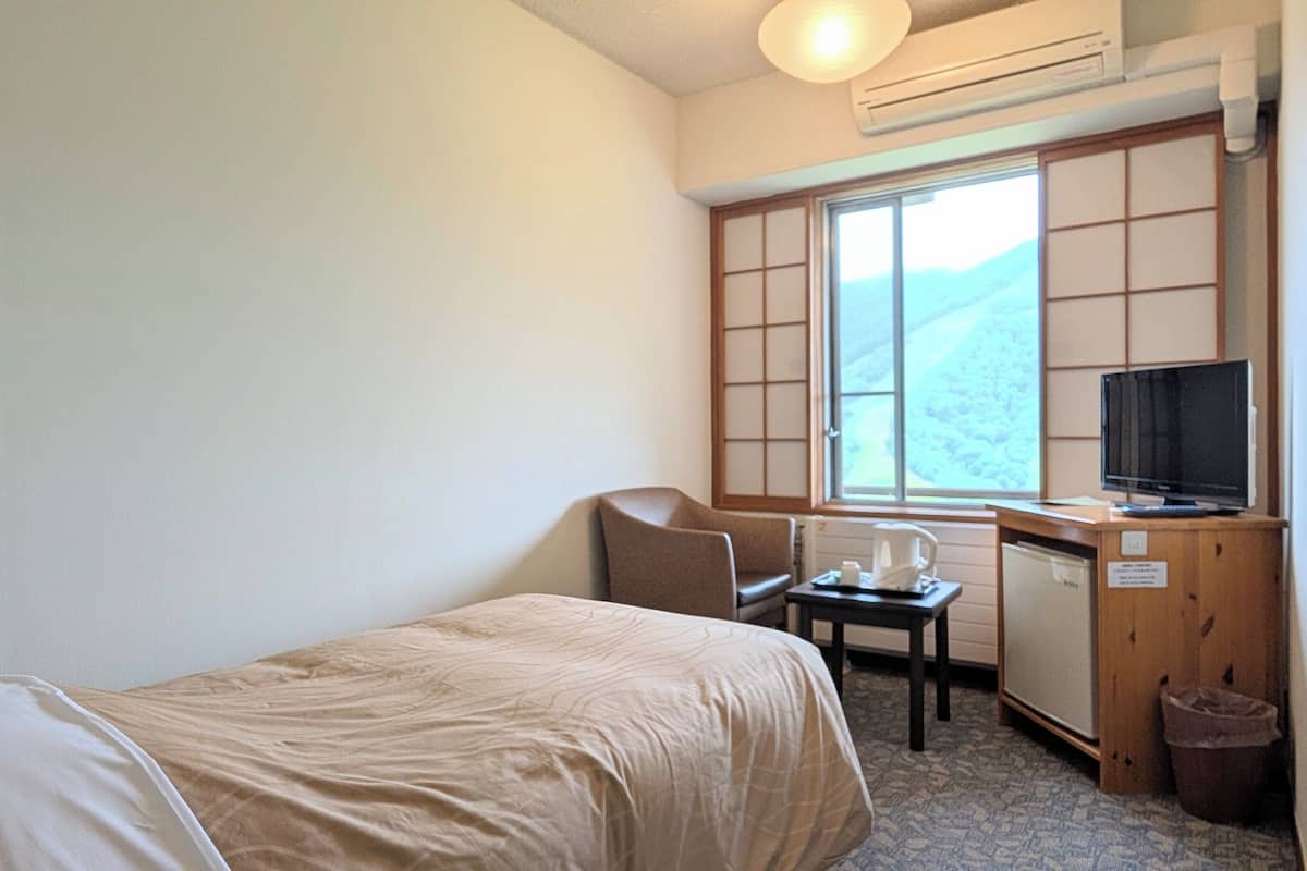 Ein kleines Hotelzimmer mit einem Einzelbett, einem Schreibtisch mit Computer, einem Stuhl, einem Fenster mit Bergblick und einem Fernseher.