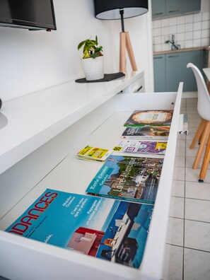 A kitchen with a white countertop, a potted plant, a lamp, and a magazine rack with travel magazines.
