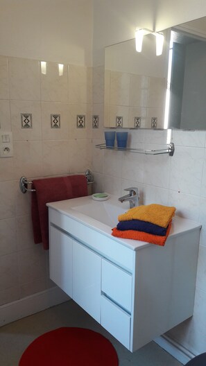 Ensemble douche/baignoire, sèche-cheveux, serviettes fournies, savon