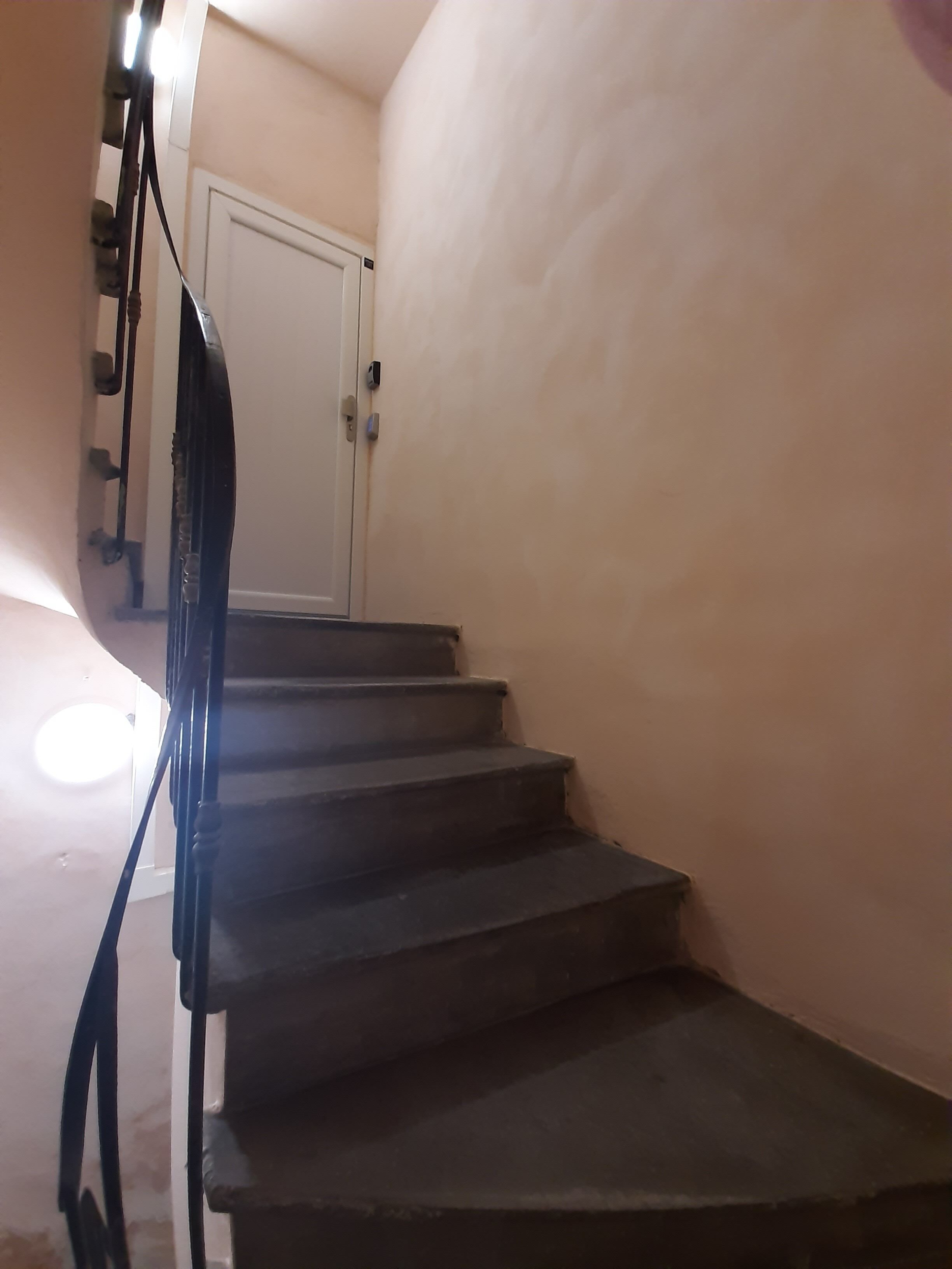 Una escalera con barandilla que lleva a una puerta.