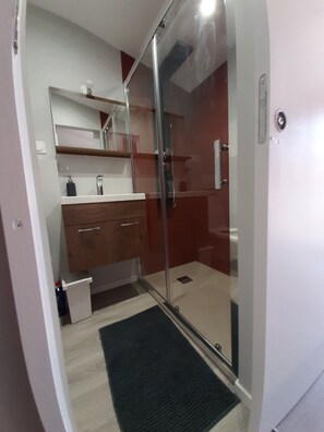 Dusche, Haartrockner, Handtücher, Seife