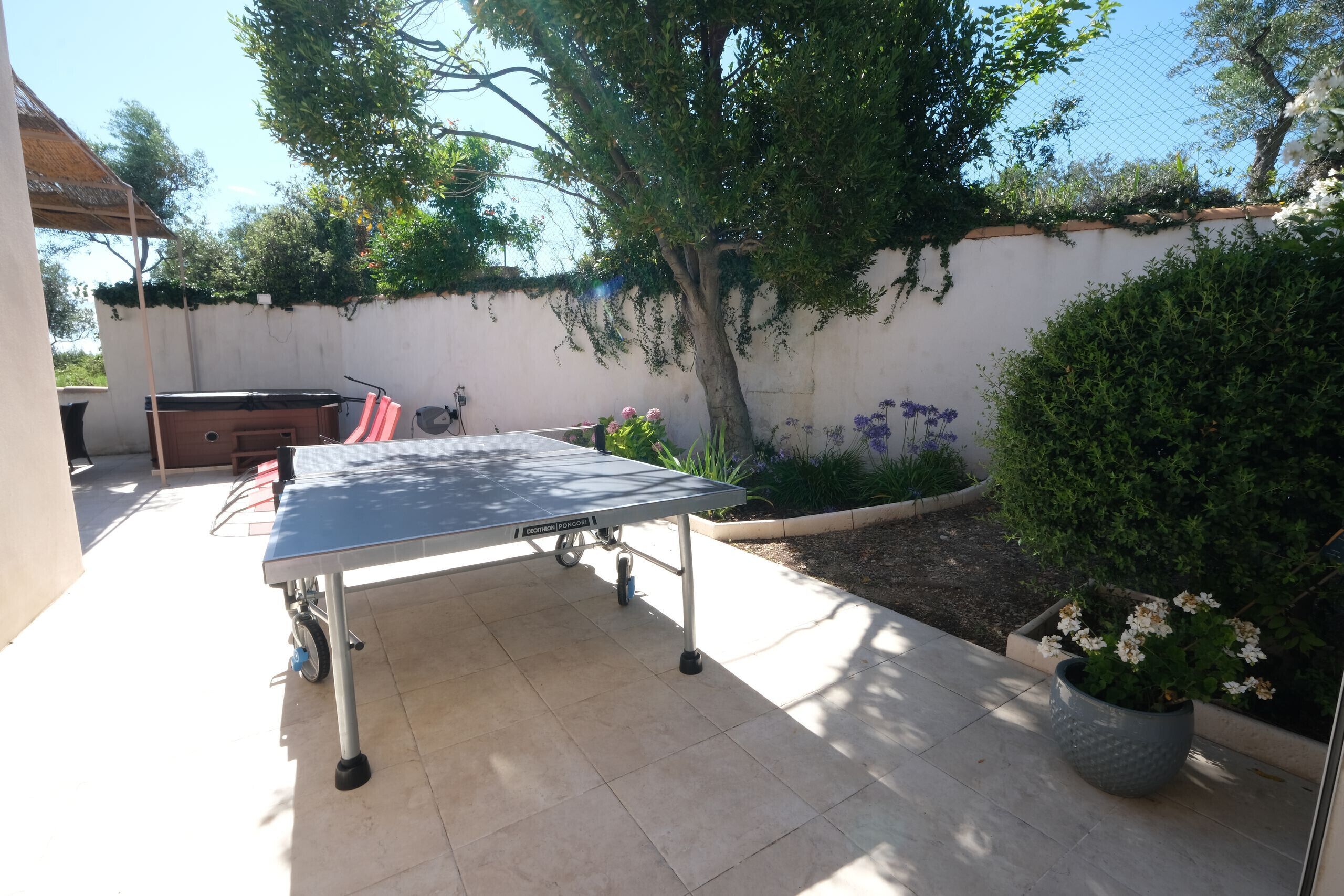 Une terrasse avec une table de ping-pong, un barbecue et des plantes en pot.