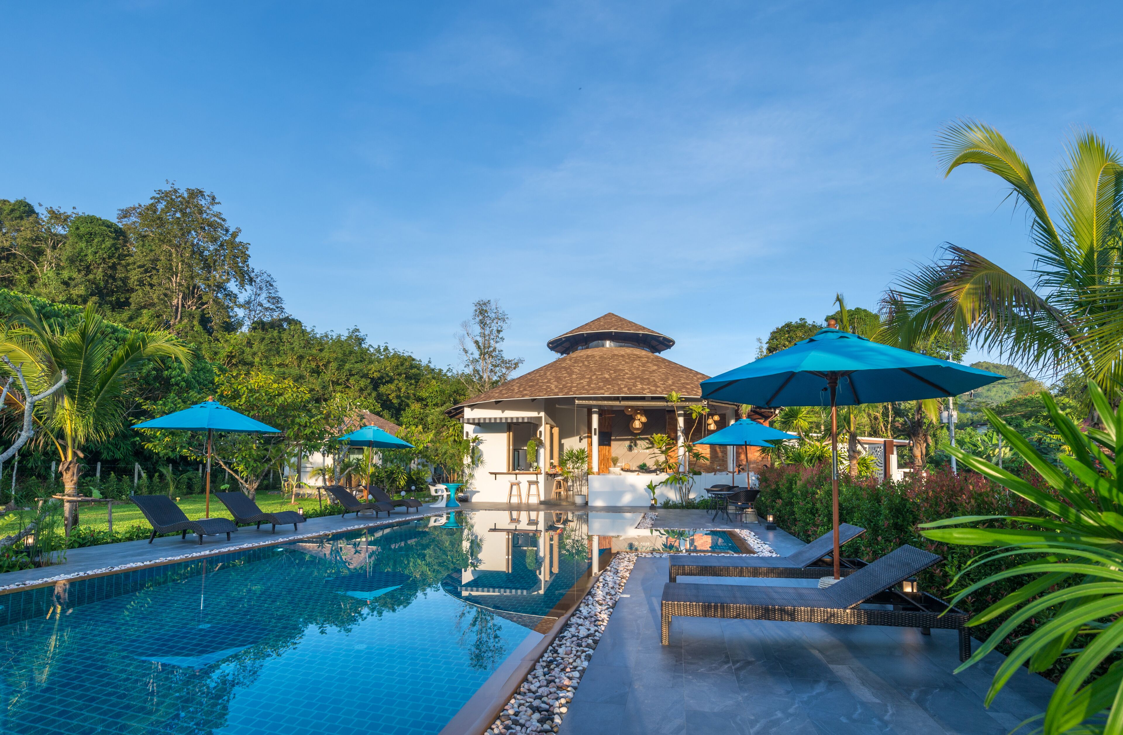 Outdoor pool, pool umbrellas, pool loungers