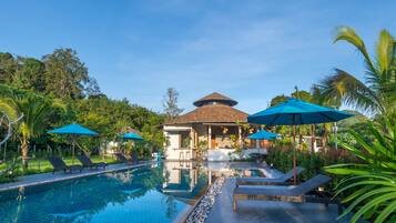 Outdoor pool, pool umbrellas, pool loungers