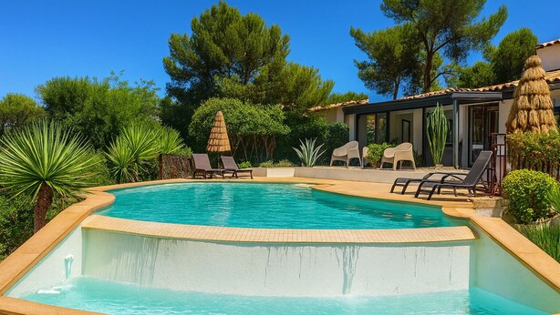 Une piscine à bord incurvé, entourée de chaises longues et dotée d’un espace de repos abrité.