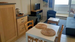 A compact living space with a kitchenette, a dining area with two woven placemats, a television on a wooden stand, and a large window offering a view.
