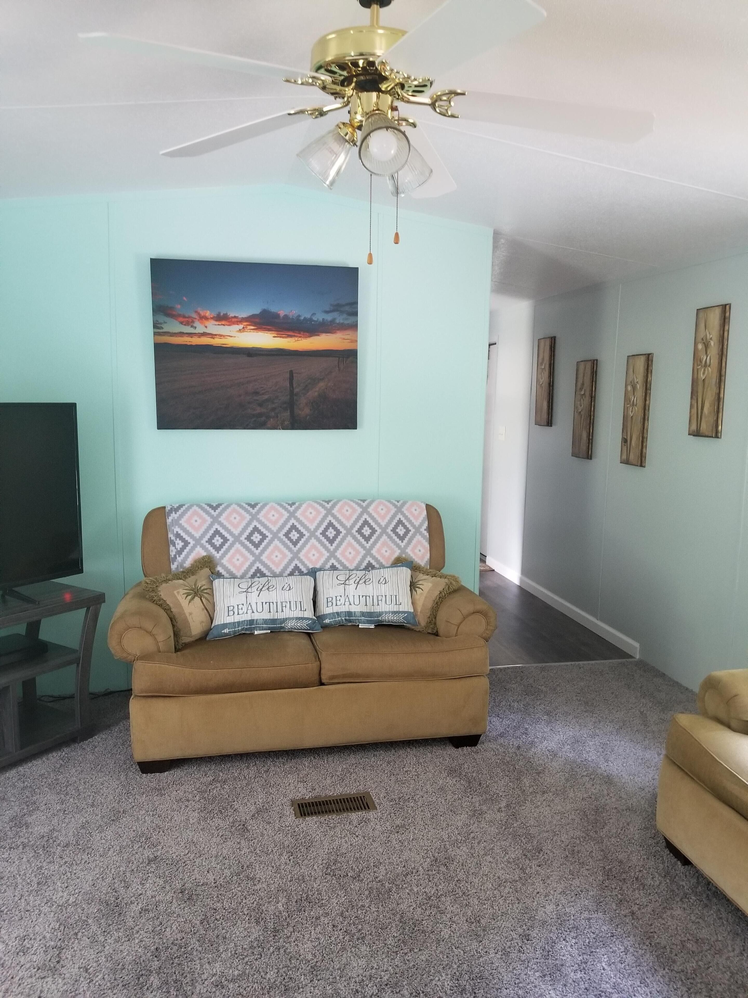 A living room with a brown couch, a ceiling fan, a painting of a sunset, and a TV.