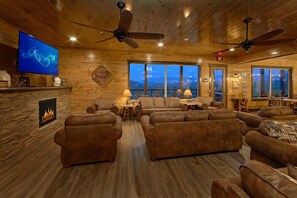 TV, fireplace, video games, DVD player