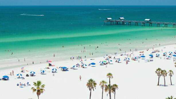 A beach with a pier extending into the ocean, numerous beach umbrellas, and palm trees. - What a View! Low Rates! 5-STAR! Waterfront, 2BR, private balcony, walk to Beach! (Treasure Island)