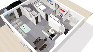 Modelo 3D de un apartamento moderno con sala de estar, cocina, comedor y un pequeño balcón.