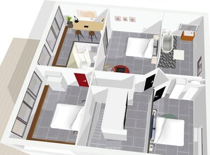 Plano de planta en 3D de un hotel que muestra un área de estar central, un comedor, una cocina, un baño y un dormitorio.