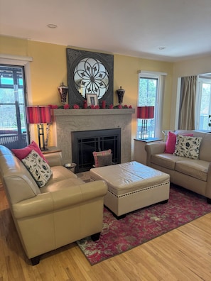 Smart TV, fireplace, DVD player, books