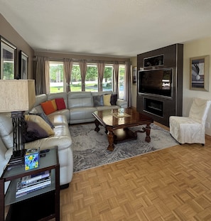 Smart TV, fireplace, DVD player, books