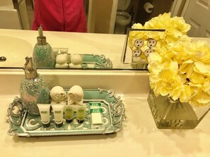 Hair dryer, towels, soap, shampoo