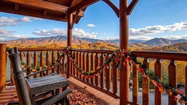 A wooden deck with a bench and railing, overlooking a mountainous landscape. - Bear-riffic View | Hot Tub, Games & Scenic Decks (Sevierville)
