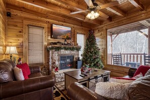 Flat-screen TV, fireplace, video games, DVD player