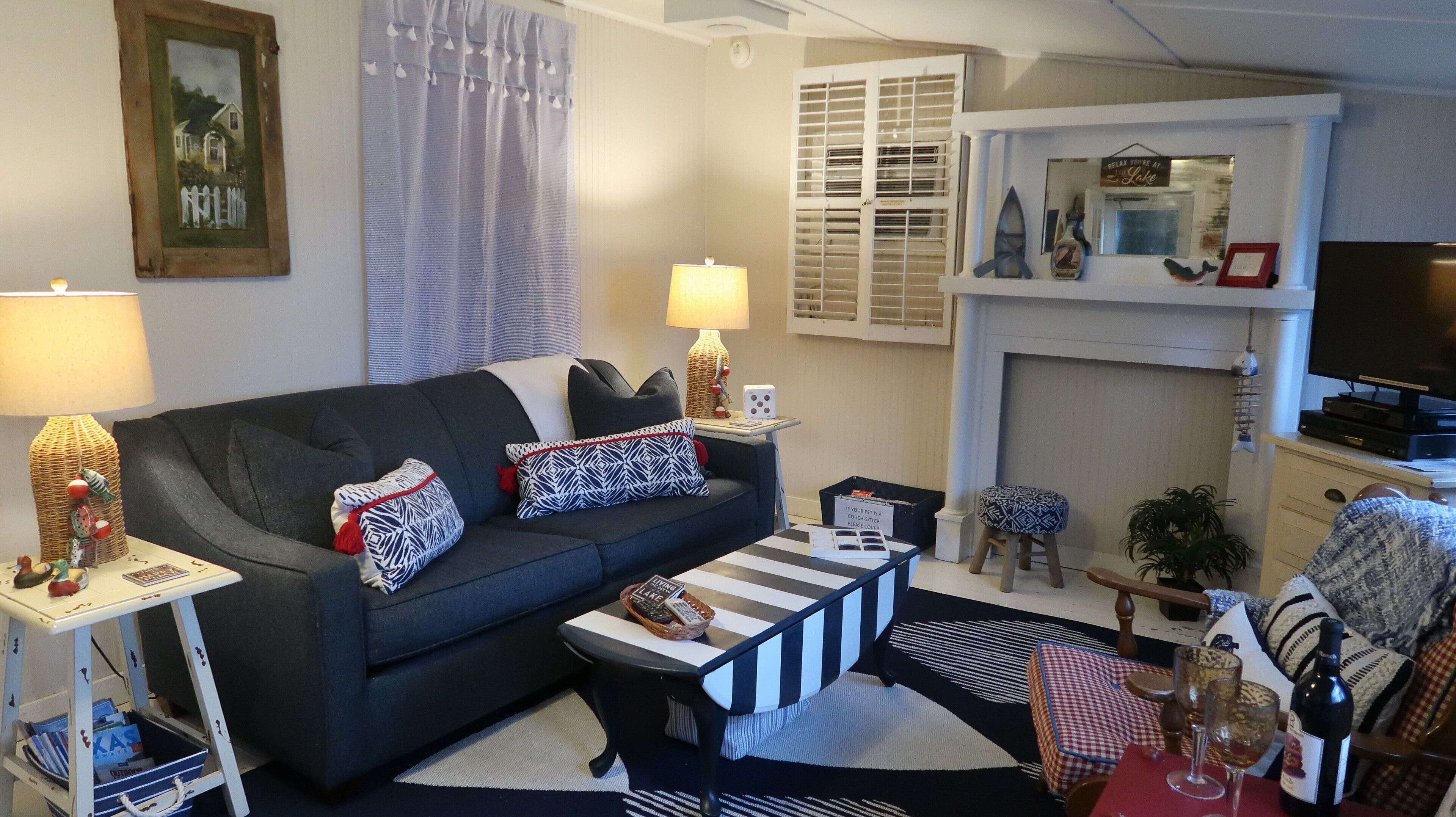 Smart TV, fireplace, DVD player, books