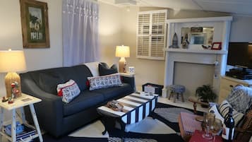 Smart TV, fireplace, DVD player, books