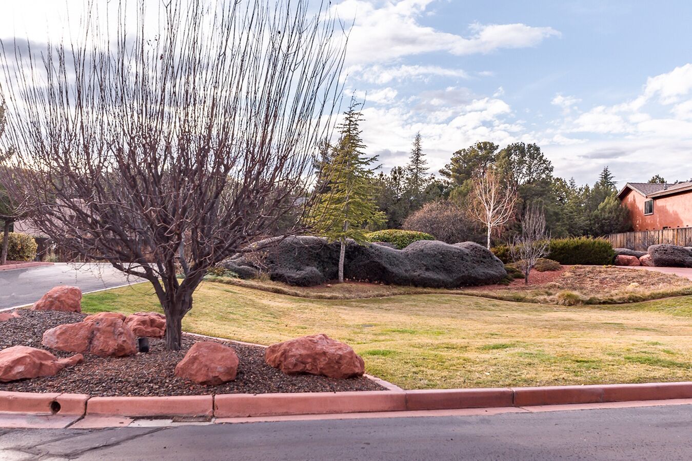 A residential area with a well-maintained lawn, large rocks, and a variety of trees.