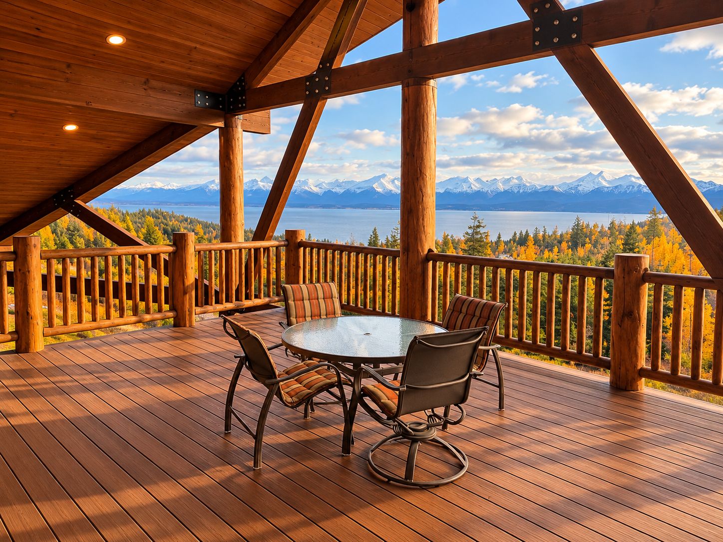 Une terrasse en bois avec une table et des chaises, offrant une vue sur un paysage montagneux et une étendue d’eau.