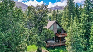A cabin with a balcony, surrounded by dense forest and mountains in the background.