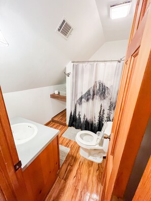 A bathroom with a wooden floor, a white sink, a toilet, and a shower curtain with a mountain design. - RIVER FRONT HOUSE INSIDE THE COOSAWATTEE RESORT (Ellijay)