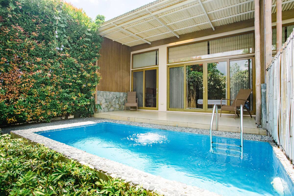 A swimming pool with a stone border, surrounded by lush greenery and a wooden deck.