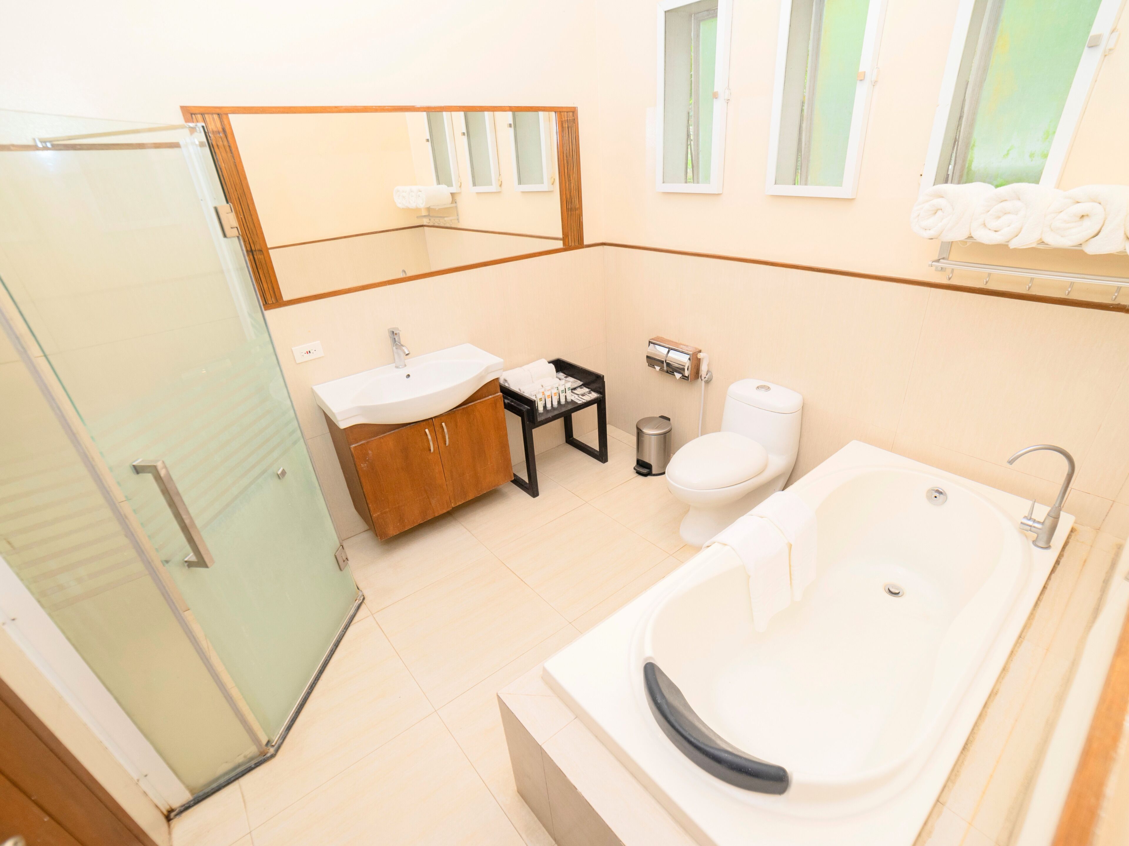 A modern bathroom with a glass shower enclosure, a white sink, a toilet, and a bathtub.