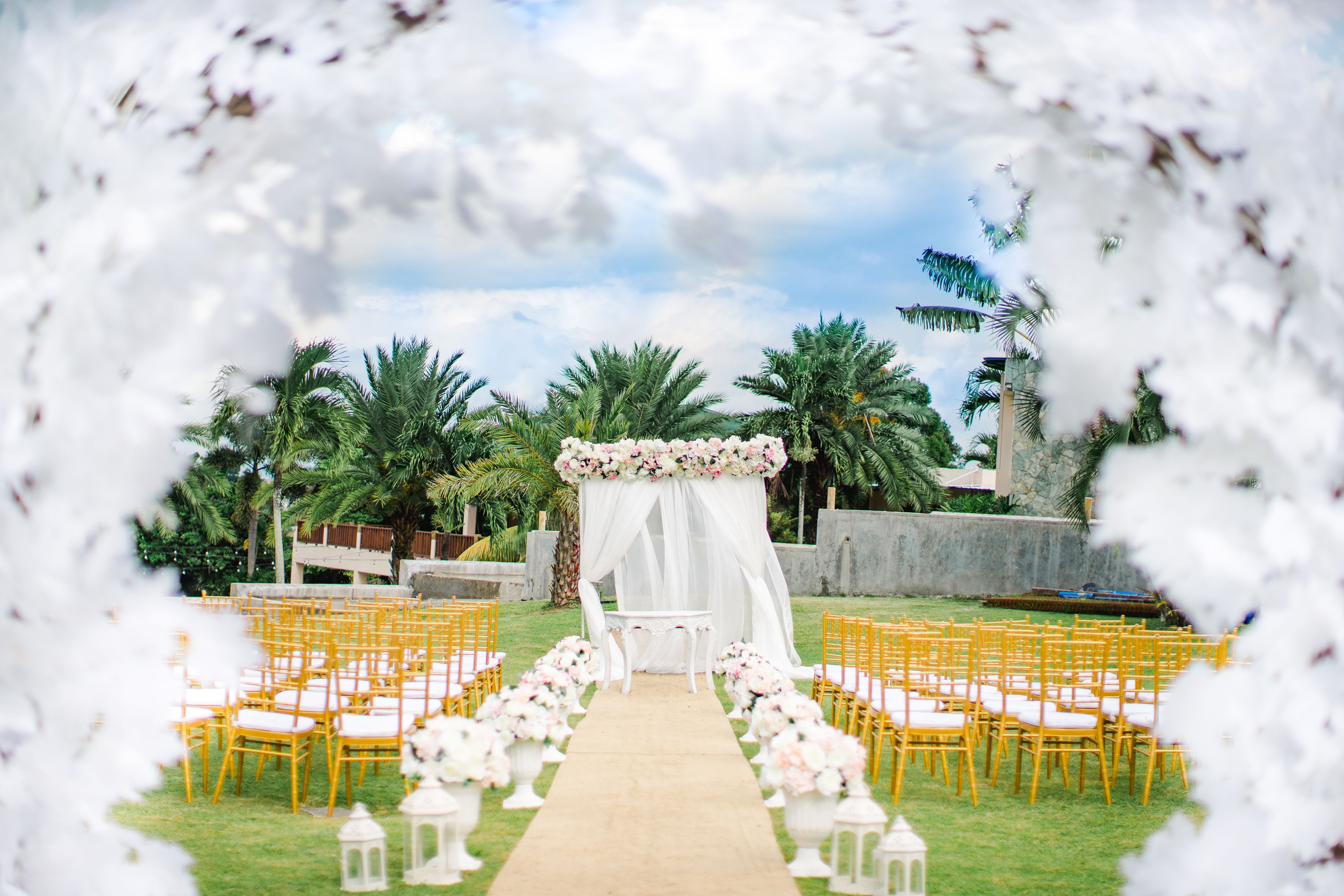 An outdoor wedding aisle with yellow chairs and white canopies.