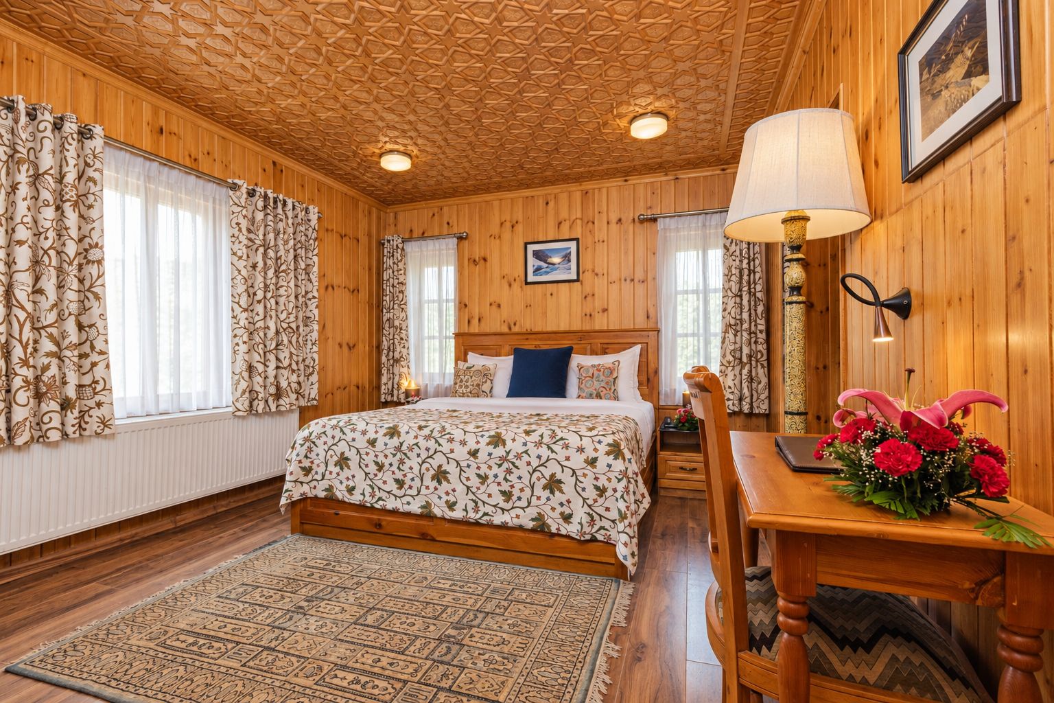 A wooden-paneled room with a bed, a table with a lamp, and a floral arrangement.