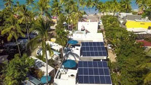Une zone côtière avec des panneaux solaires installés sur les bâtiments, des palmiers et une plage en arrière-plan.