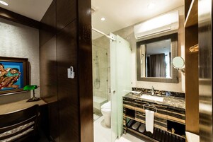 Shower, free toiletries, hair dryer, slippers