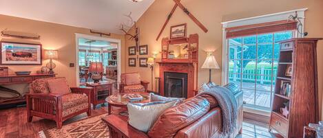 Smart TV, fireplace, books