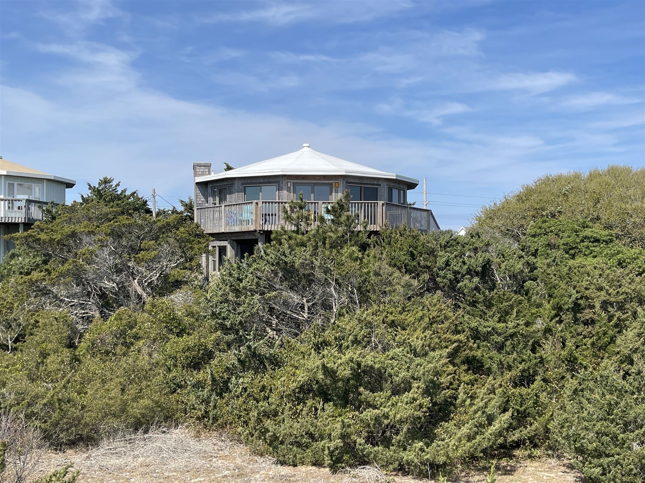A multi-level house with a central dome structure, surrounded by dense shrubbery.