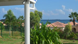 A coastal view with a clear sky, palm trees, and a building with a red roof.
