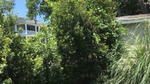 Un patio empedrado con una terraza de madera al frente.