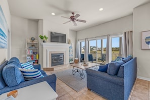 Smart TV, fireplace, books