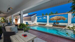 A pool area with a view of the ocean, a thatched umbrella, and lounge chairs. - Luxury pool villa totally private backyard - 5 minutes to the beach! (Noord)