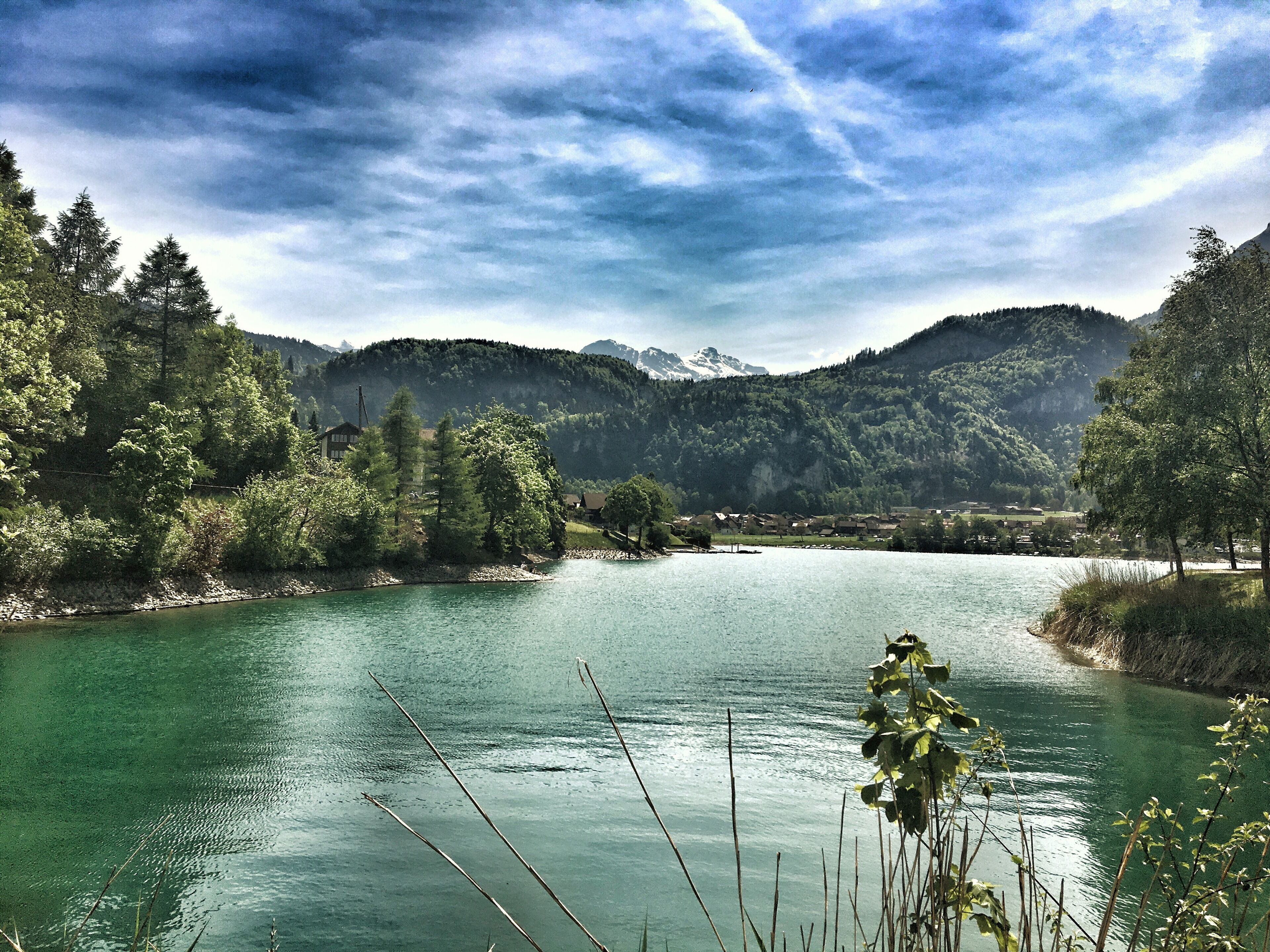 Un lago tranquilo rodeado de exuberante vegetación y montañas.